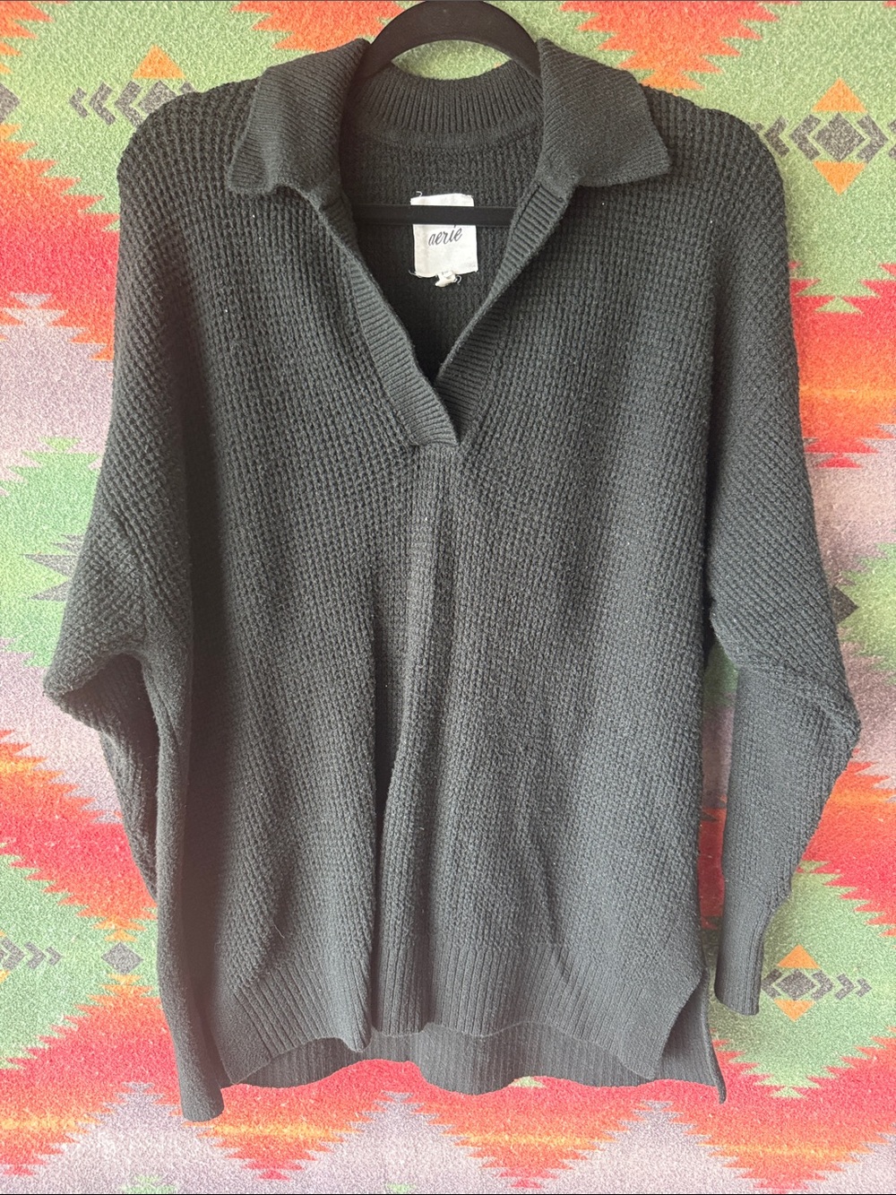 aerie Black Knit Collared V-Neck Pullover Sweater
